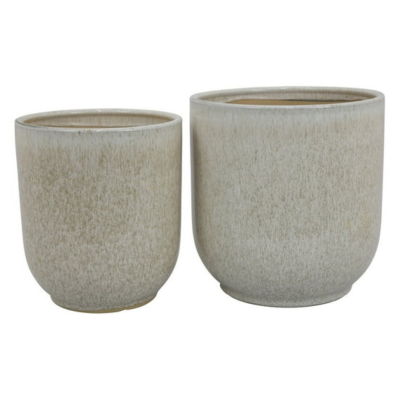 Benjara Lyna Accent Planter Set of 2, White Gray Ceramic Smooth Glossy Texture