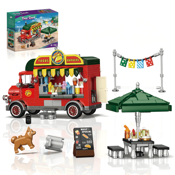 Taco & Burgers Food Truck Building Set Compatible with Lego, 615PCS Roleplay Food building Block Set with Openable Roof and Wheels, Gift for Birthdays,Holidays