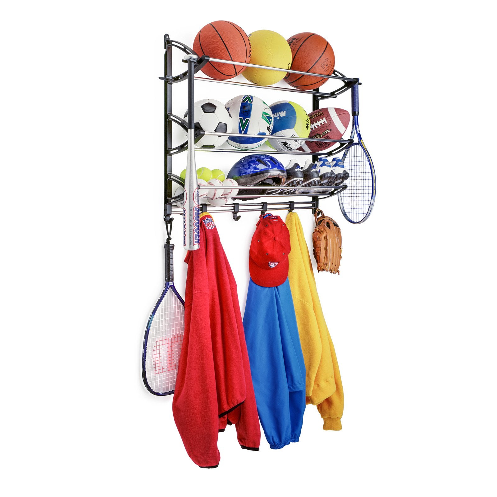 Black Steel and Polymer Wall Mount Sports Equipment Organizer