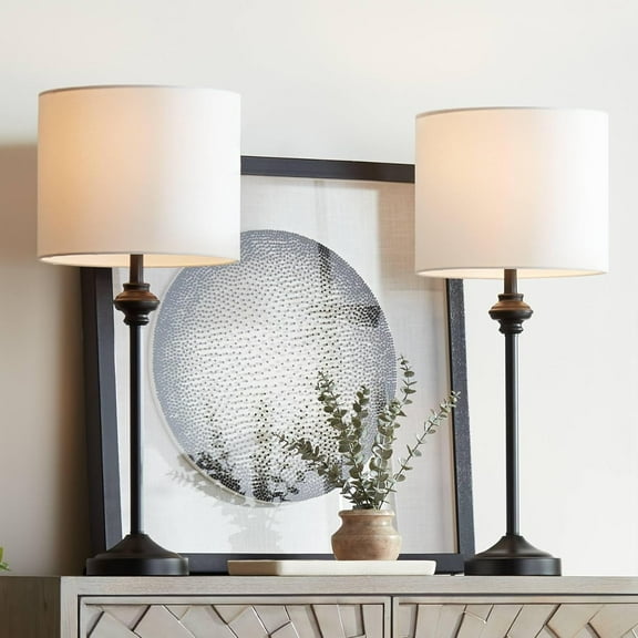 Lynn 26" Tall Skinny Buffet Modern Table Lamps Set of 2 Black Metal Fabric White Shade Living Room Bedroom Bedside Nightstand House Office Home Reading Kitchen Entryway Console Family