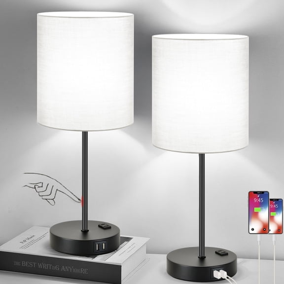Lynnoland 𝟮𝟬𝟮𝟯 𝗡𝗘𝗪 Set of 2 Touch Control Table Lamps with 2 USB & AC Outlet, 3-Way Dimmable Bedside Nightstand Lamps for Bedroom Living Room Nursery, 800 Lumens 5000K Daylight Bulbs Included