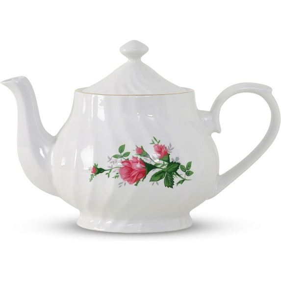 Lynns Porcelain Vintage Teapot with Embossed Swirls 37oz Tea Pot Classic White Tea Set for Parties & Celebrations Ideal Teapot for Tea Cups & Saucers Perfect for Tea Parties - Vintage Rose