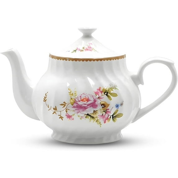 Lynns Porcelain Vintage Teapot with Embossed Swirls 37oz Tea Pot Classic White Tea Set for Parties & Celebrations Ideal Teapot for Tea Cups & Saucers Perfect for Tea Parties - Timeless Rose