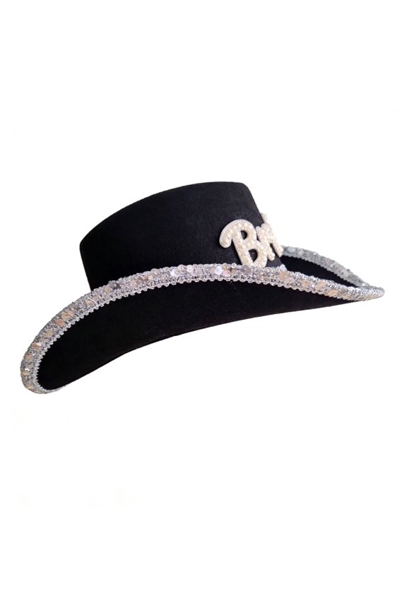 Bride Pearls Letter Cowboy Cap with Shimmering Sequined Trim Design Wide Brims Pearls Letter Hat for Special Event