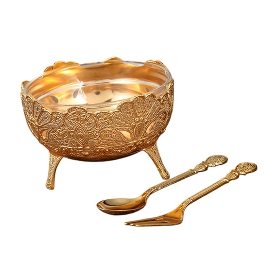 Lynono Co.,Ltd Engraved Metal Sundaes Bowl With Clear Glass Insert And Included Spoon Fork Set
