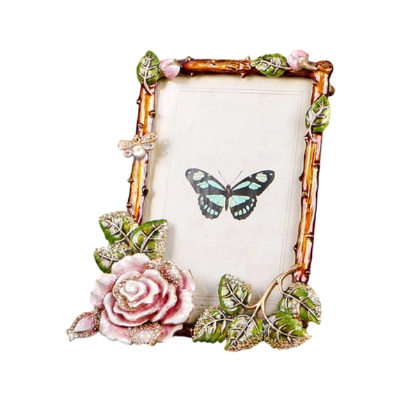 Lynono Ornate Metal Photo Frame With Delicate Enamel Floral Bird Motifs And Rhinestones Embellishment For Horizontal & Vertical