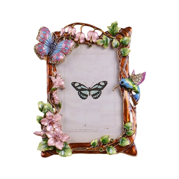 Lynono Ornate Metal Photo Frame With Delicate Enamel Floral Bird Motifs And Rhinestones Embellishment For Horizontal & Vertical