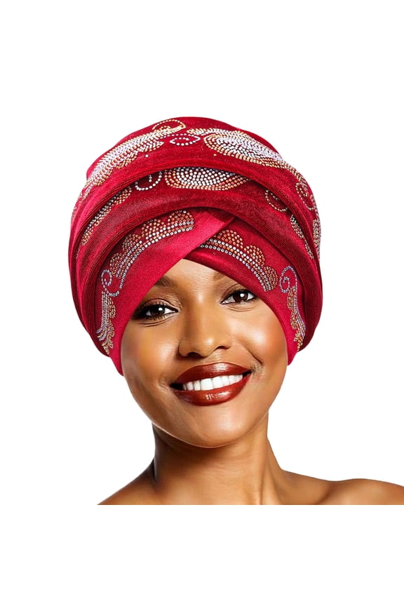 Soft Velvet Turban Hat with Rhinestones Decors Crossed Forehead Design Chemo Hat