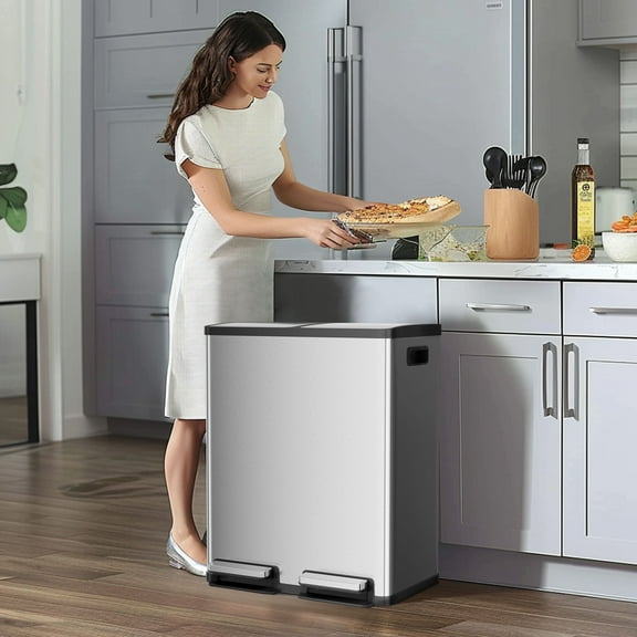 Lynqor Dual Compartment Trash Can with Lid, Featuring Silent-Close Foot Pedal and Detachable Inner Buckets, 60 Liter Sleek Stainless Steel Garbage Bin for Kitchen, Office, or Living Room