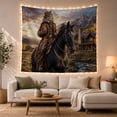 thumbnail image 1 of Lynx Cowboy on Horse in Mountain Valley by Cabin, Adventurous Surreal Art for Wildlife Fans, Western Decor, New Home Gift, Tapestry Wall Hanging for Den and Living Room, 1 of 7