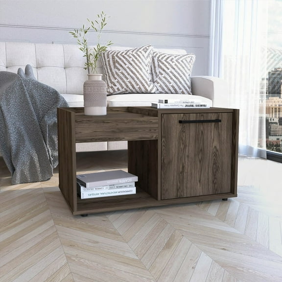 Lyon Coffee Table with Single Door Cabinet and One Open Shelf - Dark Walnut