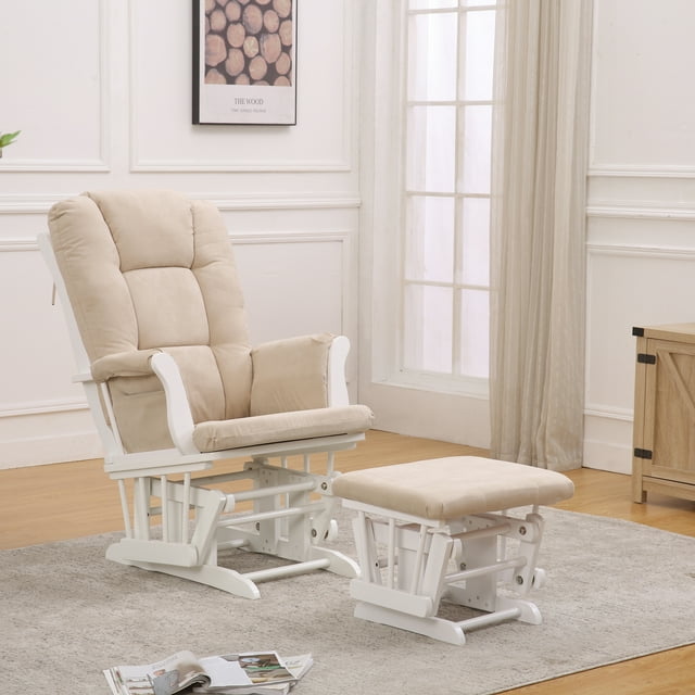 Lyon Glider with Ottoman, White / Beige