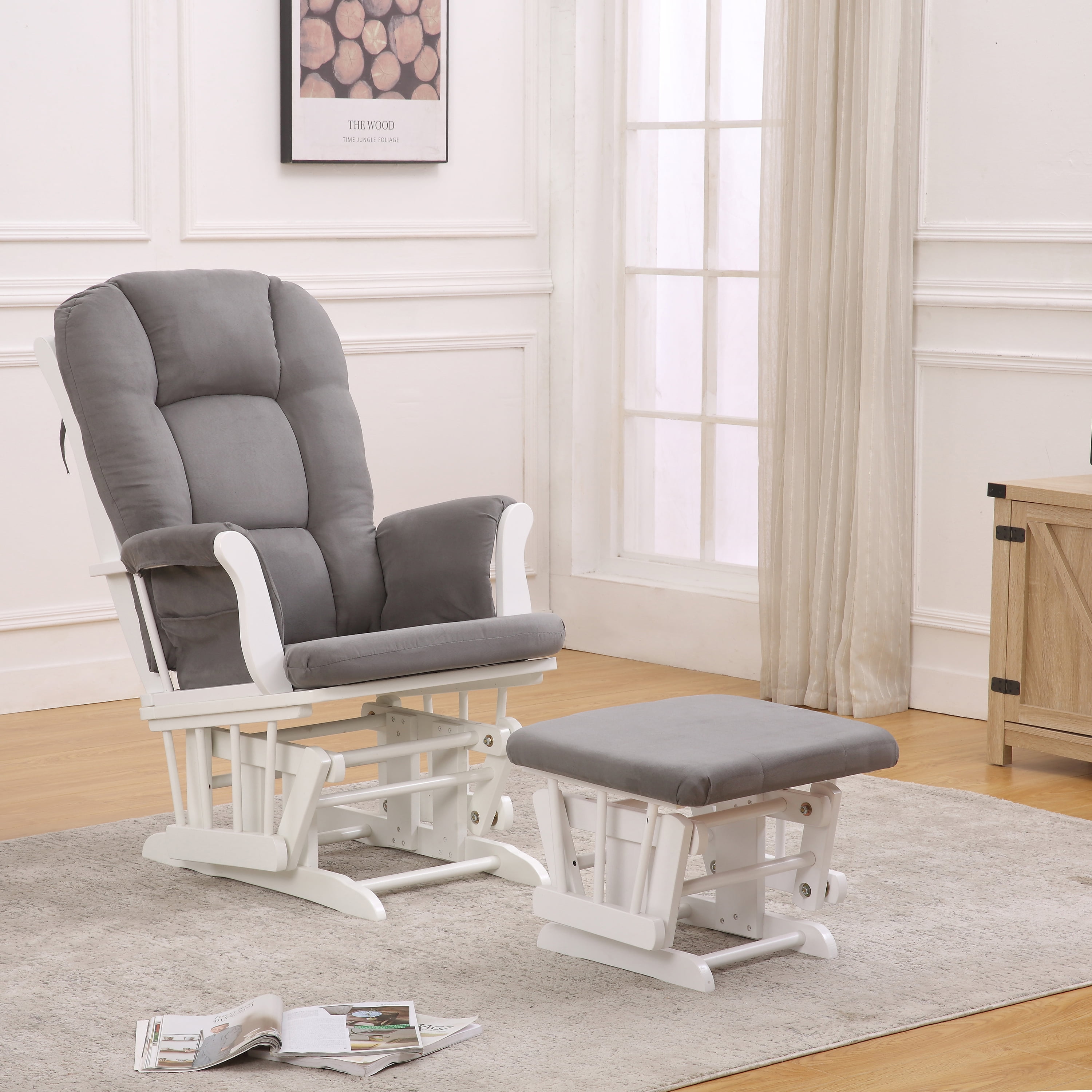 Lyon Glider with Ottoman, White / Grey