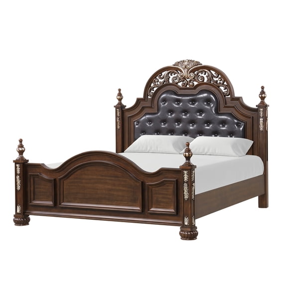 Lyon King Size Upholstered Bed Frame with Headboard, Cherry Finish, Gold Accents, No Box Spring Needed
