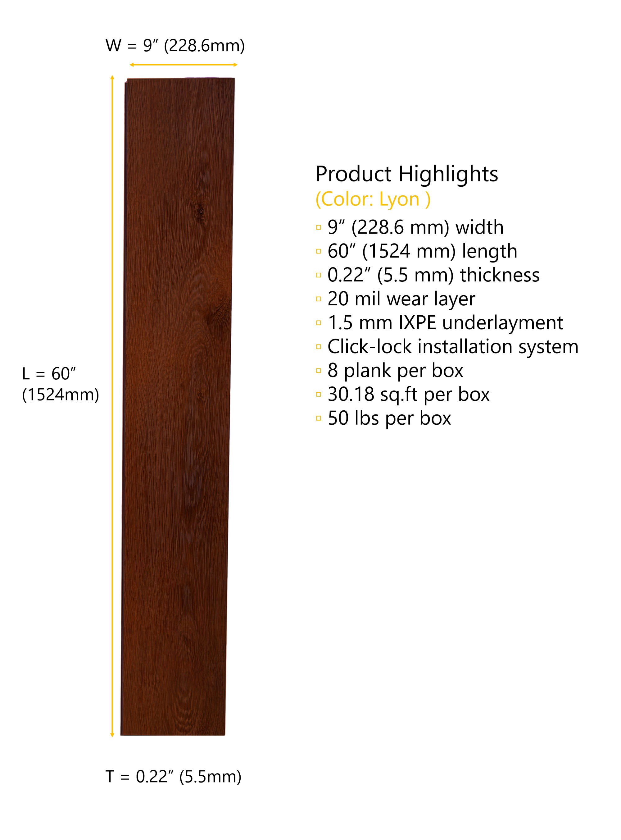 Lyon (reddish-brown) 20 MIL Wear Layer 5.5mm Thick x 9 in. W x 60 in. L Click Lock Waterproof Luxury Vinyl Plank Flooring with IXPE (30.18 sqft/case)