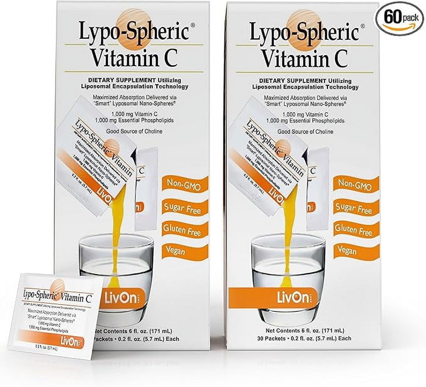 LivOn Labs Lypo-Spheric Vitamin C - 2 Cartons (60 Packets) - 1,000 mg Vitamin C & Phospholipids