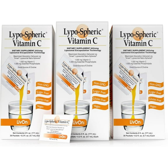 LivOn Laboratories Lypo–Spheric Liposomal Vitamin C Supplement 1000mg for Immune Support, 90 Packets