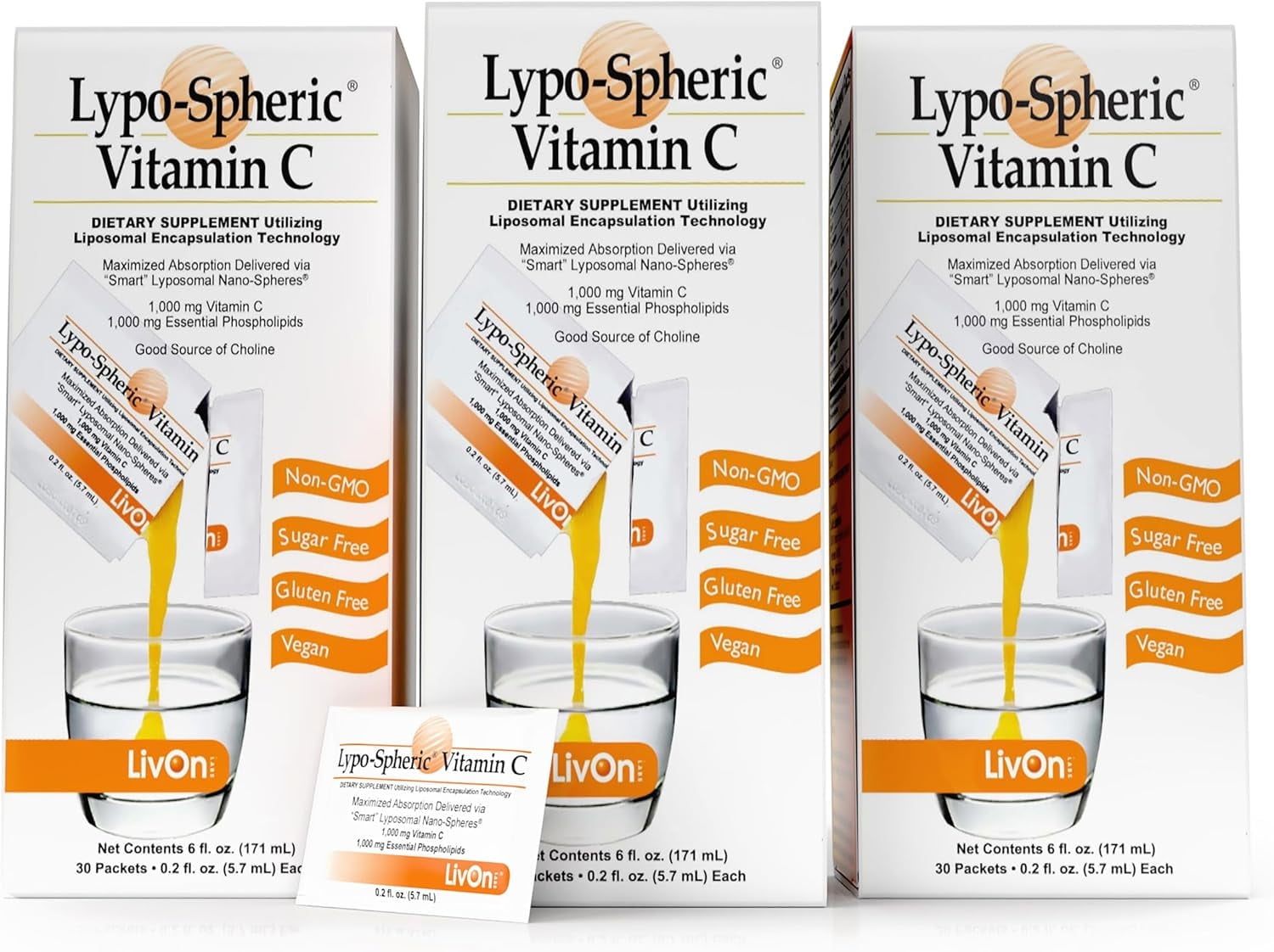 Lypo Spheric Vitamin C 3 Cartons 90 Packets 1 000 mg Vitamin C 1 000 mg Essential Phospholipids Per Packet Liposome Encapsulated for Improved Absorption 100 Non GMO