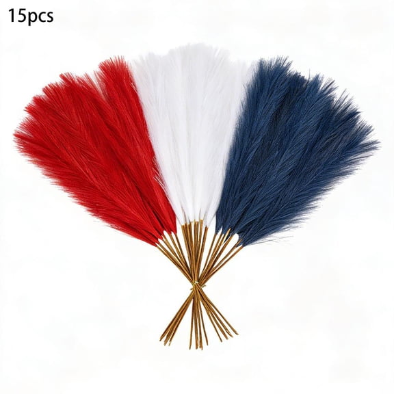 Lypsnake 15PC Artificial Puffy Pampas Grass, Red Blue White Faux Reed Plumes, No-Shedding Fake Dried Flowers for Vase Arrangement Boho Wedding Party Home Living Room Bedroom and Farmhouse Decor