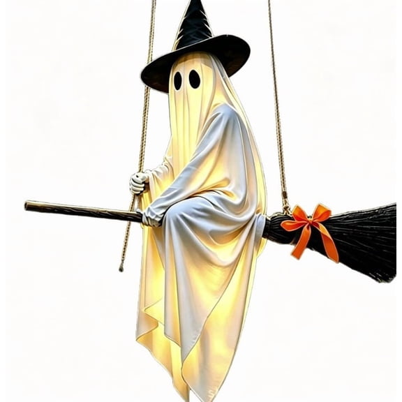 Lypsnake 2 Pack Flying Broom Ghost Hanging Ornament, Lighted White Sheet Ghost Witch Hat Orange Bow Swing Rope Spooky Hanging Figure, Fall Porch Tree Yard Wall Decor for Yard Gate Hallowmas