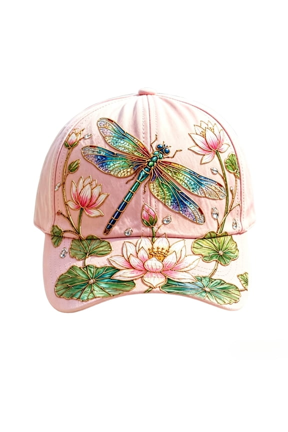 2026 Garden Morning Baseball Cap - Dragonfly Lotus Flower Embroidered,Pink Cotton Curved Bill Cap With Crystal Studded Decor,Adjustable Strap Head Accessory For Walking Daily Casual Wear