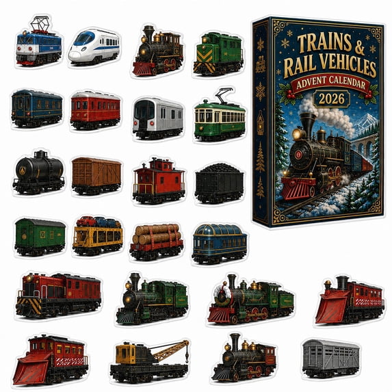 Lypsnake 2026 Trains & Rail Vehicles Advent Calendar, 24 Days Train Christmas Tree Hanging Ornaments, 2D Acrylic Christmas Countdown Advent Calendar Gift for Train Lovers Xmas Decor