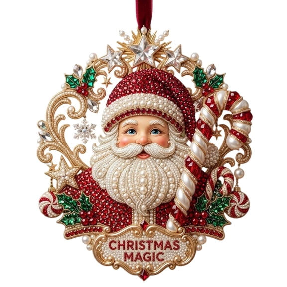 Lypsnake 2D Santa Christmas Magic Ornament, Jeweled Santa Hanging Decoration with Candy Cane & Velvet Ribbon,Christmas Tree Pendant for Holiday Home Decor