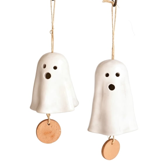 Lypsnake 2PCS Resin Ghost Wind Chime Hanging Ornament, Cute White Ghost Shape Hanging Bell Decor, Decoration for Halloween Indoor Outdoor Wall Window Tree Porch