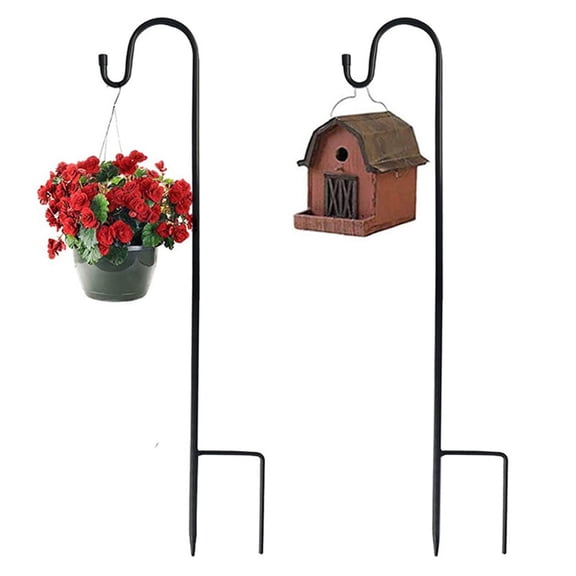 Lypsnake 32 Inch Shepherds Hooks,Black Solid Iron Curved J Shaped Ground Peg With Top Hanging Loop,Stake Mounted Yard Accessory For Outdoor Lantern Planter Bird Feeder Lawn Decor Layout