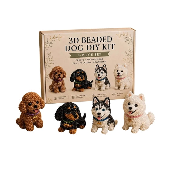 Lypsnake 3D Beaded Animals DIY Kit,4 Styles Poodle Dachshund Husky Samoyed Dog Bead Craft with Tools & Step Guide,Adult Beginner Handcraft Supply for Desktop Ornament Making & Hobby Activity