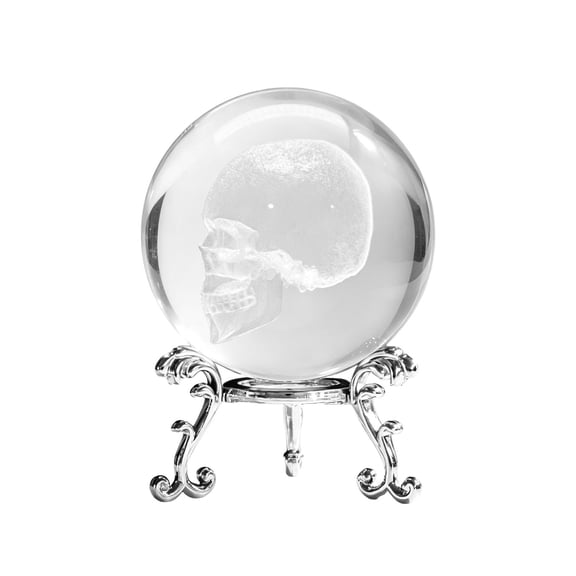Lypsnake 3D Engraved Skull Crystal Ball, Gothic Skull Crystal Sphere Figurine with Metal Stand, Halloween Desktop Crystal Ornament for Home Tabletop Decor
