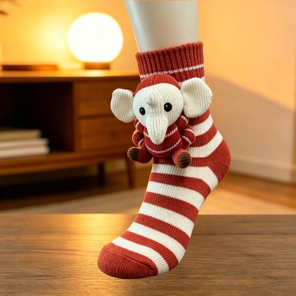 Lypsnake 3D Knit Animal Socks,Plush Red Striped Elephant Doll Decor Crew Socks,Novelty Knitted Mid Cartoon Animal Socks for Women & Animal Lovers Holiday Gift