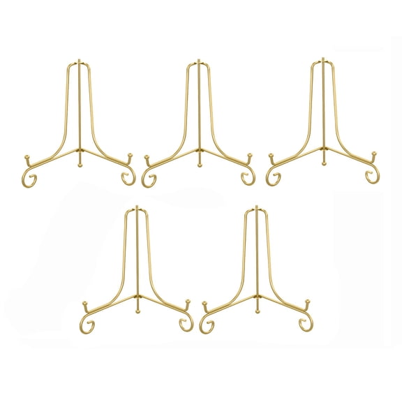 Lypsnake 5PCS Metal Plate Stand,Gold Wrought Iron Triangular Easel Holder With Curly Scroll Hook, Display Rack For Tabletop Decor Dish Art Photo Tile Sign Holiday Exhibition Layout