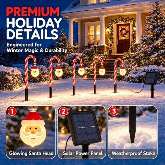 Lypsnake 5PCS Solar Santa Candy Cane Pathway Lights, Outdoor Christmas Stake Lights, Warm White LED Landscape Light for Xmas Yard Lawn Garden Decor