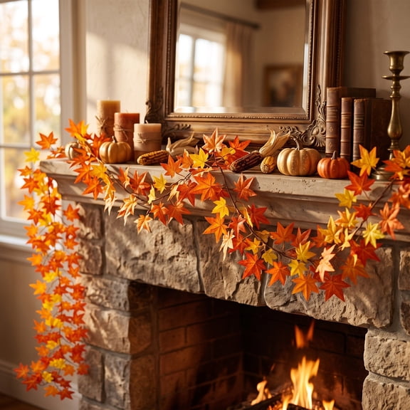 Lypsnake 6.56FT Artificial Maple Leaf Garland,Faux Autumn Maple Vine Hanging Strand, Harvest Foliage Decor For Doorway Mantel Wall Thanksgiving Home Styling