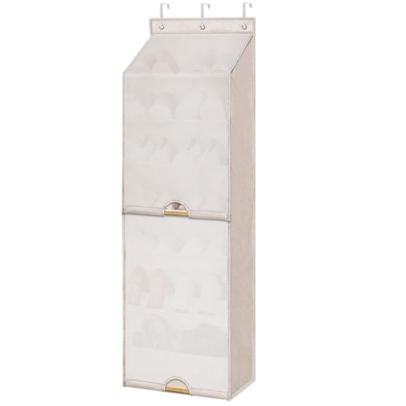 Lypsnake 7 Shelf Hanging Over the Door Shoe Organizer, Beige Fabric Storage Rack with Clear Mesh Pockets, Wall Mounted Footwear Organizer for Closet Bedroom Bathroom Home Organization