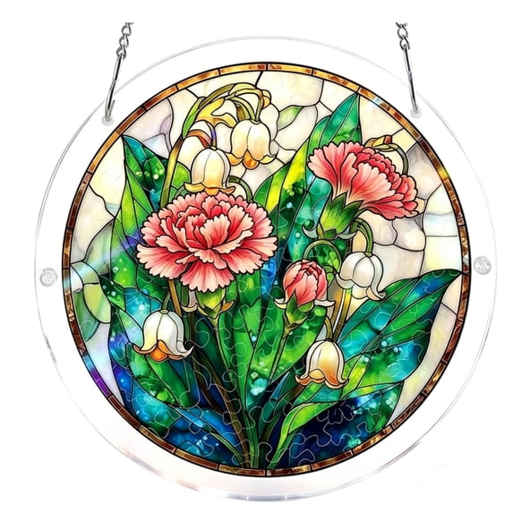 Lypsnake Acrylic Puzzles Sun catchers Window Hanging,Carnation & Lily of the Valley Floral Stained Glass Style Light Refracting Ornament,Decorative Pendant for Garden Patio Window Wall Living Room