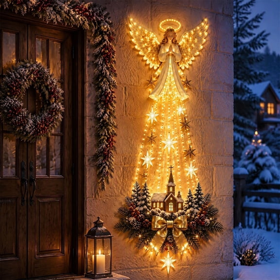 Lypsnake Angel Blessing Wall Light,Christmas Wall Hanging Ornament with Wings & Church Scene Details, Warm Glow Holiday Wall Decor for Xmas Home Display