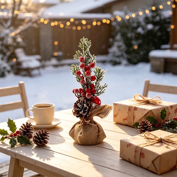Lypsnake Artificial Christmas Tabletop Decor, Small Xmas with Red Berry Pine Cotton Holly Mushrooms & Burlap Bag, Mini Winter Holiday Desktop Centerpiece for Home Window Shelf Decor