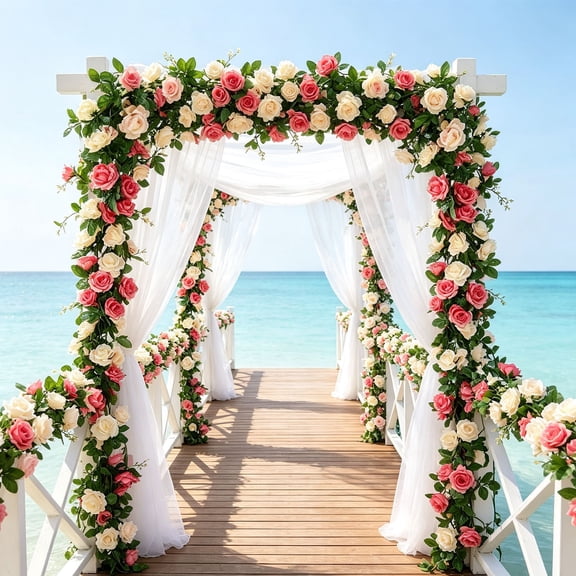 Lypsnake Artificial Rose Flower Garland, Red & Cream White Fake Rose Vine with Green Leaves, Hanging Floral Swag for Wedding Arch Ceremony Backdrop Table Mantel Party Home Wall Decor
