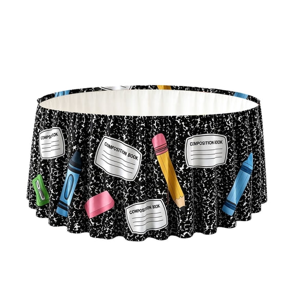 Lypsnake Back to School Round Table Skirt, Composition Book Crayon Pencil Eraser Print Table Cloth, Classroom Play Table Skirting for Preschool Kindergarten Decor