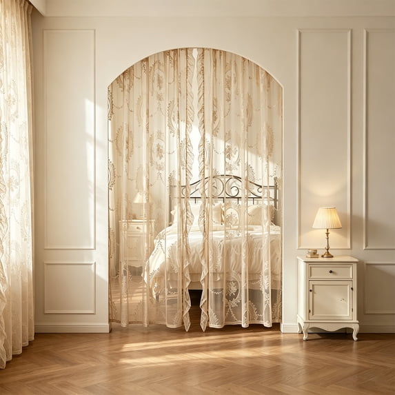 Lypsnake Beige Lace Sheer Curtains, Vintage Floral Embroidery Transparent Lace Window Curtain Panels, Gothic Scalloped Edge Light Filtering Drapes for Bedroom Living Room Party Home Decor