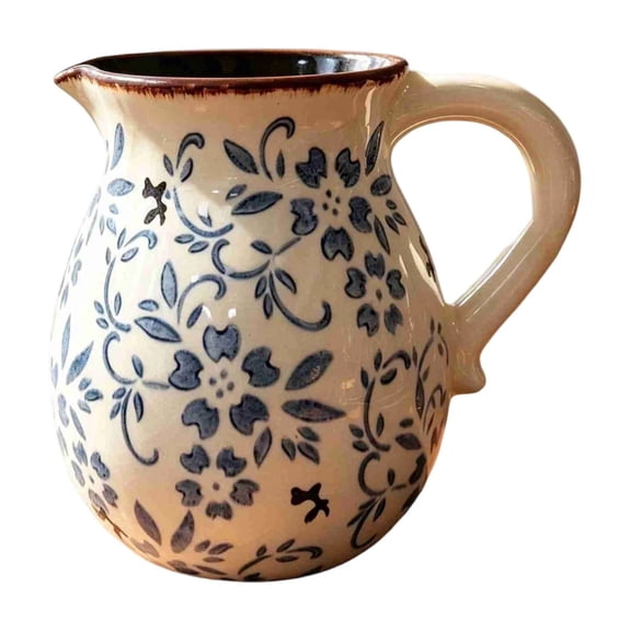 Lypsnake Blue and White Floral Ceramic Pitcher Vase, Vintage CreamWhite HandPainted Flower Pattern Water Jug with Handle, Decorative Ceramic Pitcher for Tabletop Centerpiece Home Kitchen Display