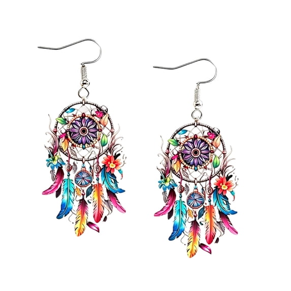 Lypsnake Bohemian Dream Catcher Acrylic Dangle Earrings, Single Pair Colorful Feather Sunflower Statement Jewelry for Women, Festival Daily Wear Fashion Accessory