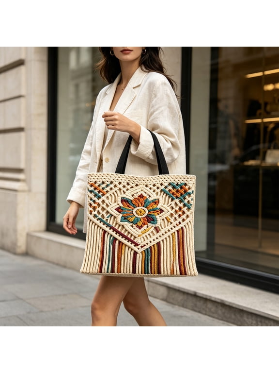 Boho Crochet Tote Bag, Hollow Macrame Weave Bag with 3D Floral Inlay & Color Striped Fringe for Beach Vacation Daily Shopping