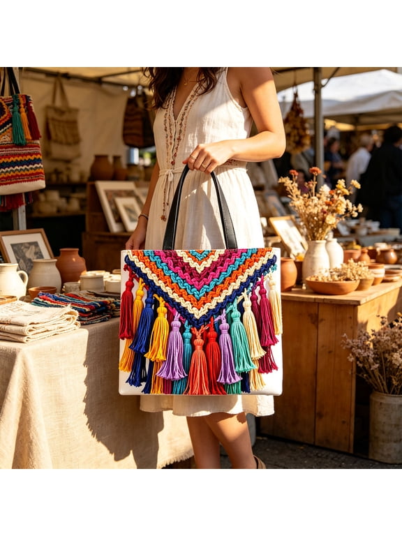 Boho Crochet Tote Bag, Hollow Weave Bag with Chevron Color Block Pattern & Multicolored Long Tassels for Beach Vacation Daily Shopping