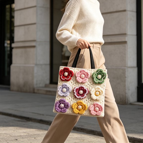 Lypsnake Boho Crochet Tote Bag, Hollow Weave Bag with Crocheted Floral Appliques & Pearl Accent for Beach Vacation Daily Shopping