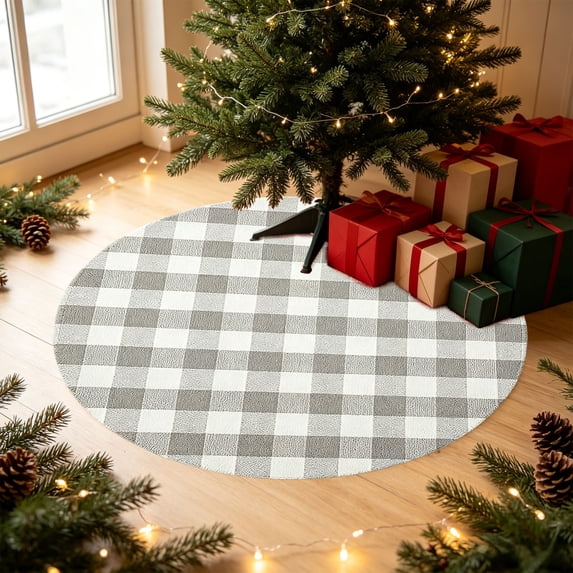 Lypsnake Buffalo Plaid Round Doormat, 27.5 Inch Gray White Checkered Circular Floor Mat for Christmas Tree Base & Entryway Entrance Patio Porch Home Decor