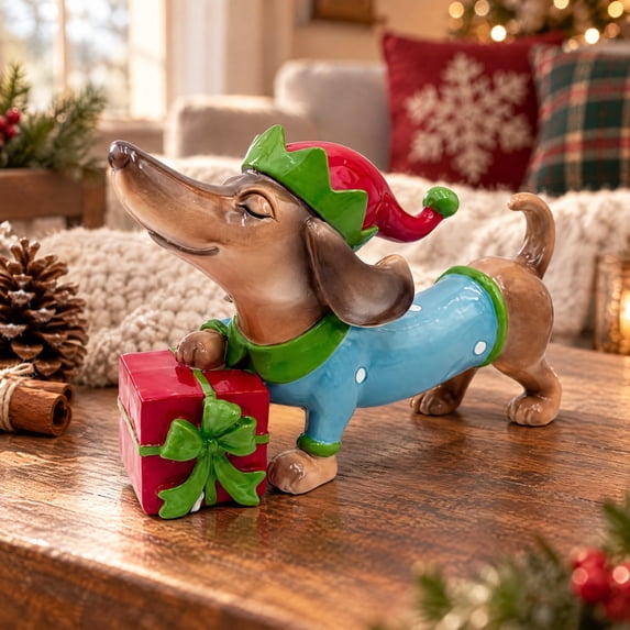 Lypsnake Christmas Dachshund Resin Figurine, Holiday Dachshund Statue in Elf Outfit Gift Box Accent, Tabletop Ornament for Christmas Mantel Sideboard Decoration