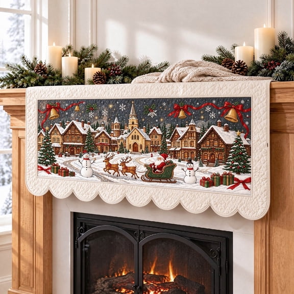 Lypsnake Christmas Fireplace Mantel Scarf, Quilted Mantel Runner with Santa Snow Village Accents & Scalloped Edge for Holiday Fireplace Shelf Home Decor